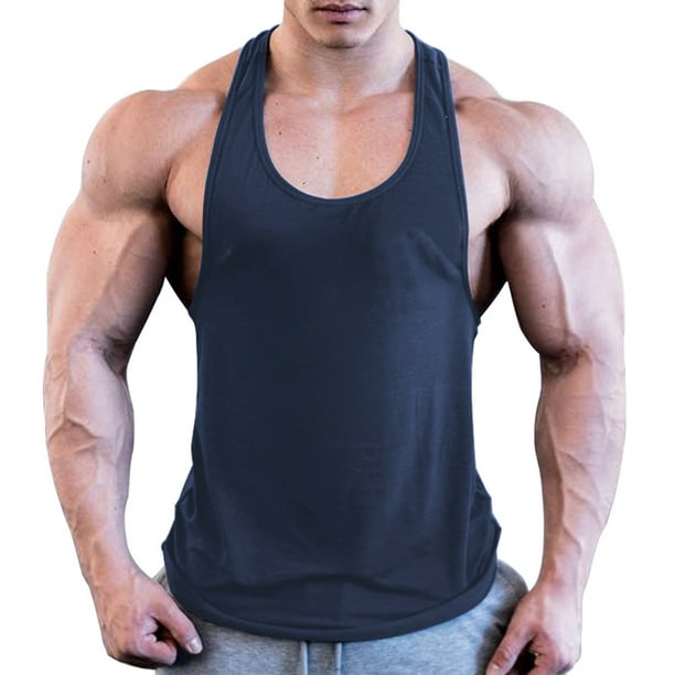 Men Solid Color Bodybuilding Gyms Tank Top Sleeveless Sport Shirt Muscle Fit Vest,Navy Blue,XL 